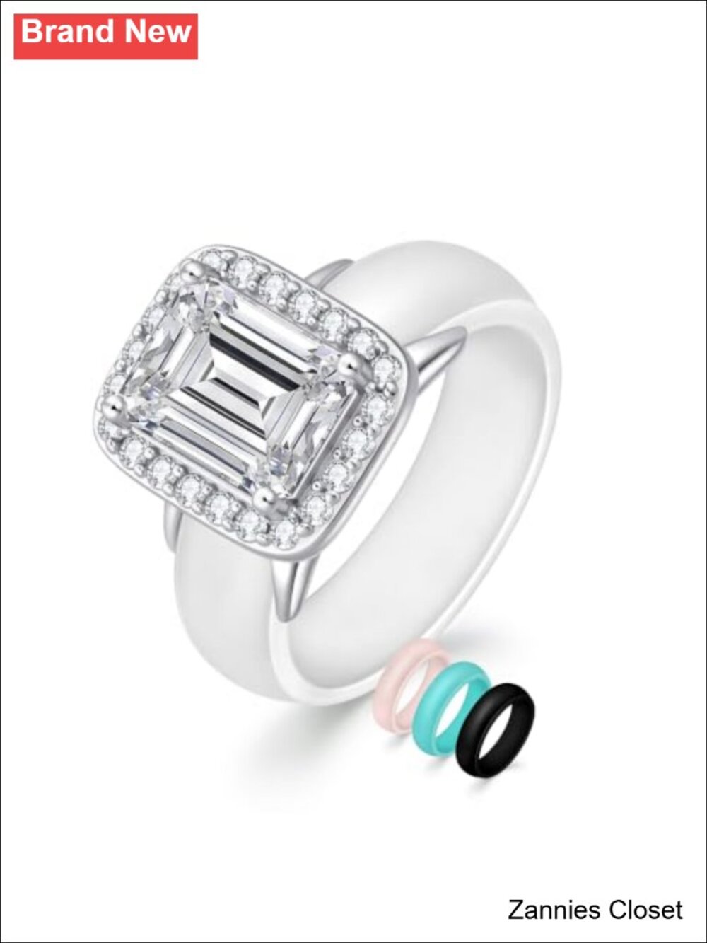 💍 Emerald Cut Halo Engagement Ring 925 Sterling Silver Silicone Band Set